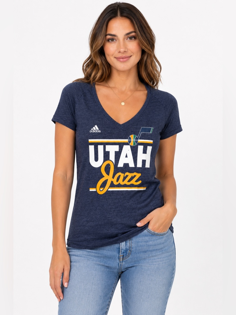 Adidas Utah Jazz NBA Tri Blend V Neck Tee Shirt Women’s Small Blue